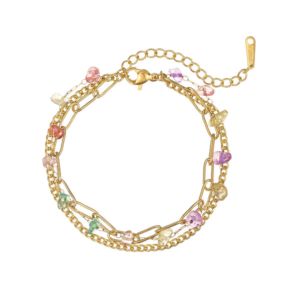 Wholesale Women's Fashion Stainless Steel 18K Gold Plated Threelayer Stacked Colorful Gravel Bracelet