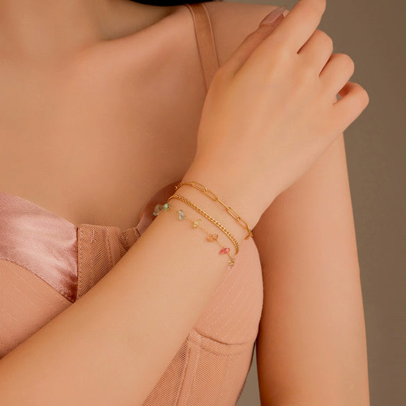 Wholesale Women's Fashion Stainless Steel 18K Gold Plated Threelayer Stacked Colorful Gravel Bracelet