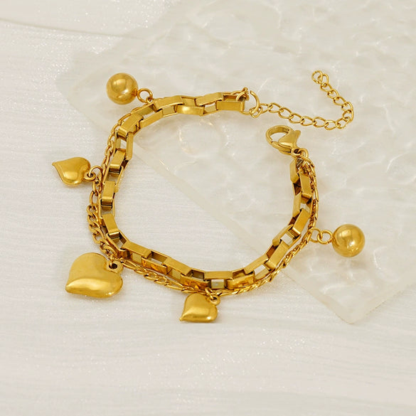 Wholesale Women's Fashion 316L Stainless Steel 18K Goldplated Doublelayer Heartshaped Folding Bracelet With Electroplating Treatment