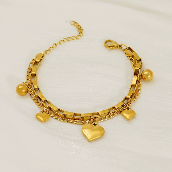 Wholesale Women's Fashion 316L Stainless Steel 18K Goldplated Doublelayer Heartshaped Folding Bracelet With Electroplating Treatment