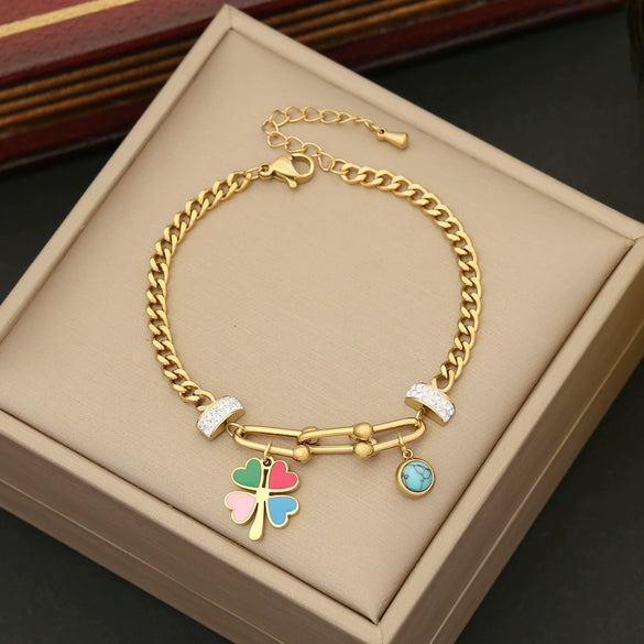 Wholesale Women's Fashion Stainless Steel Oil Dropping Flower Love Butterfly Bracelet With Heart And Flower Pattern Electroplated