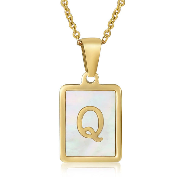 Wholesale Women's Fashion Stainless Steel Square Necklace With White Shell And Letter Design Gold Titanium Steel Electroplated Clavicle Chain