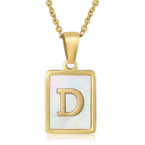 Wholesale Women's Fashion Stainless Steel Square Necklace With White Shell And Letter Design Gold Titanium Steel Electroplated Clavicle Chain