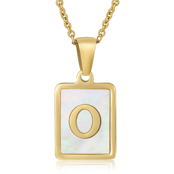 Wholesale Women's Fashion Stainless Steel Square Necklace With White Shell And Letter Design Gold Titanium Steel Electroplated Clavicle Chain