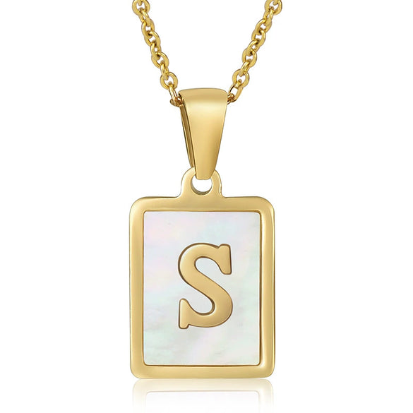 Wholesale Women's Fashion Stainless Steel Square Necklace With White Shell And Letter Design Gold Titanium Steel Electroplated Clavicle Chain