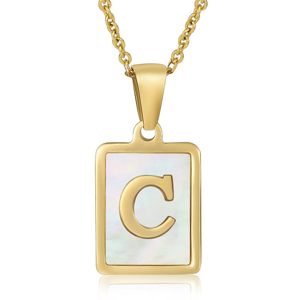 Wholesale Women's Fashion Stainless Steel Square Necklace With White Shell And Letter Design Gold Titanium Steel Electroplated Clavicle Chain