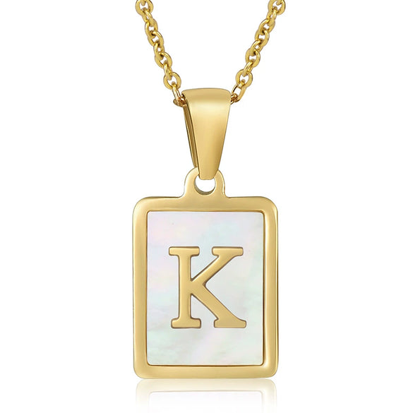 Wholesale Women's Fashion Stainless Steel Square Necklace With White Shell And Letter Design Gold Titanium Steel Electroplated Clavicle Chain