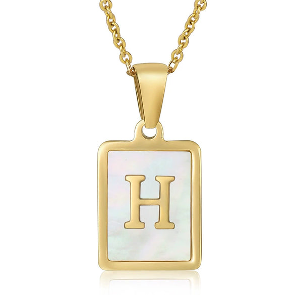 Wholesale Women's Fashion Stainless Steel Square Necklace With White Shell And Letter Design Gold Titanium Steel Electroplated Clavicle Chain