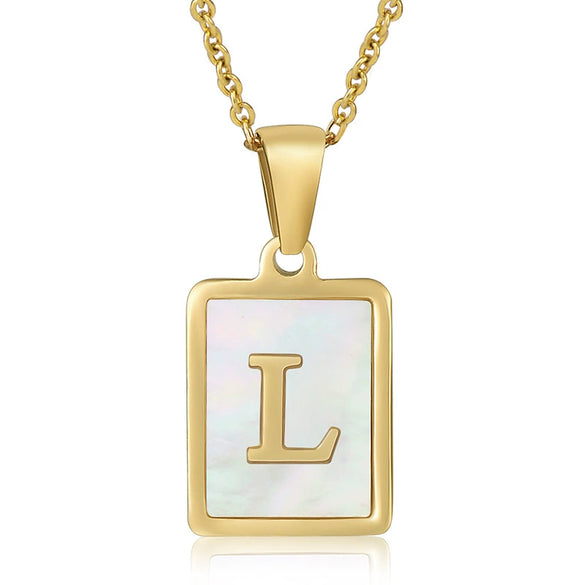 Wholesale Women's Fashion Stainless Steel Square Necklace With White Shell And Letter Design Gold Titanium Steel Electroplated Clavicle Chain