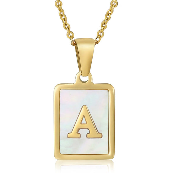 Wholesale Women's Fashion Stainless Steel Square Necklace With White Shell And Letter Design Gold Titanium Steel Electroplated Clavicle Chain