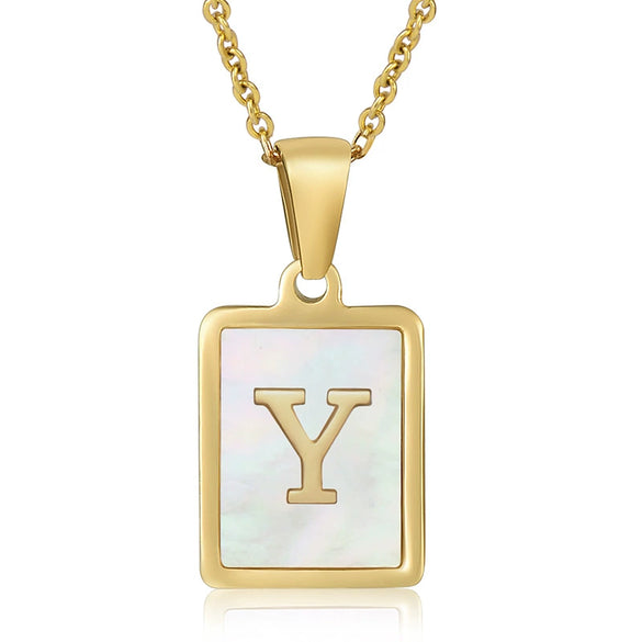 Wholesale Women's Fashion Stainless Steel Square Necklace With White Shell And Letter Design Gold Titanium Steel Electroplated Clavicle Chain