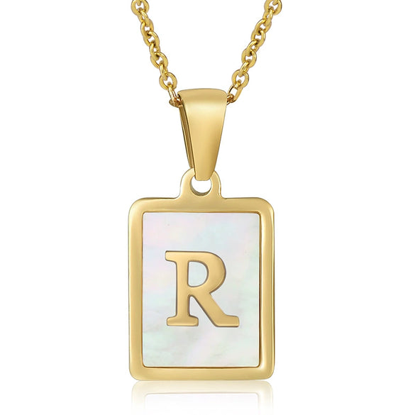 Wholesale Women's Fashion Stainless Steel Square Necklace With White Shell And Letter Design Gold Titanium Steel Electroplated Clavicle Chain