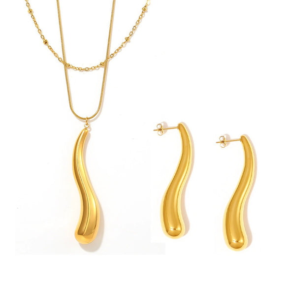 Wholesale Women's Fashion 316L Stainless Steel Water Drop Hollow Pendant Necklace And Earrings With Electroplating