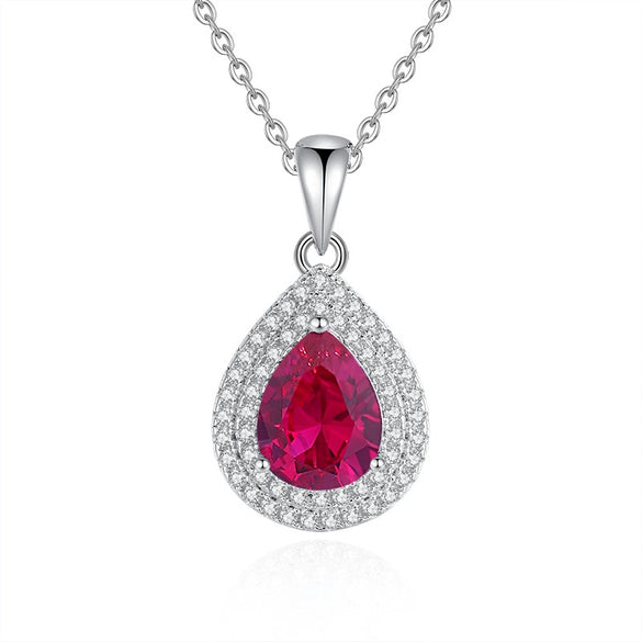 Wholesale Women's Fashion 925 Sterling Silver Water Drop Pendant Red Corundum Necklace With Cross Chain Simple Natural Style Diamond Design