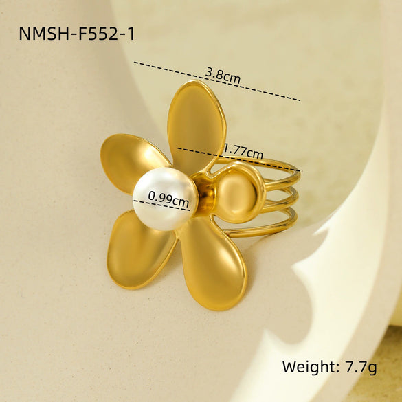 Wholesale Women's Fashion Titanium Steel Geometric Irregular Petal Scarf Buckle Ring With Pearl And Electroplating