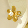 Wholesale Women's Fashion Titanium Steel Geometric Irregular Petal Scarf Buckle Ring With Pearl And Electroplating