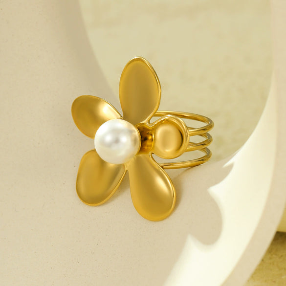 Wholesale Women's Fashion Titanium Steel Geometric Irregular Petal Scarf Buckle Ring With Pearl And Electroplating
