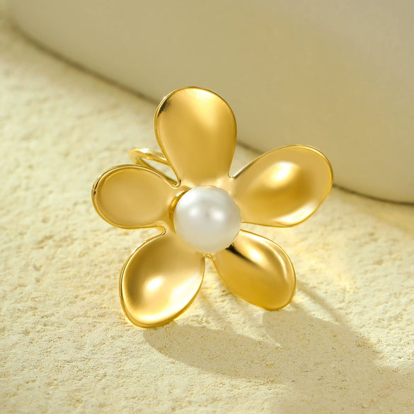 Wholesale Women's Fashion Titanium Steel Geometric Irregular Petal Scarf Buckle Ring With Pearl And Electroplating