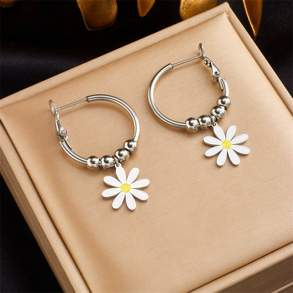 Wholesale Women's Fashion Titanium Steel Goldplated Flower Drop Earrings