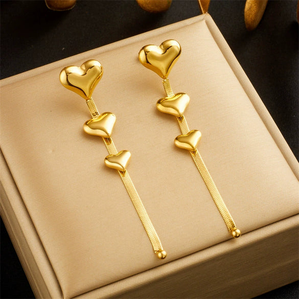 Wholesale Women's Fashion Titanium Steel Goldplated Heartshaped Tassel Earrings