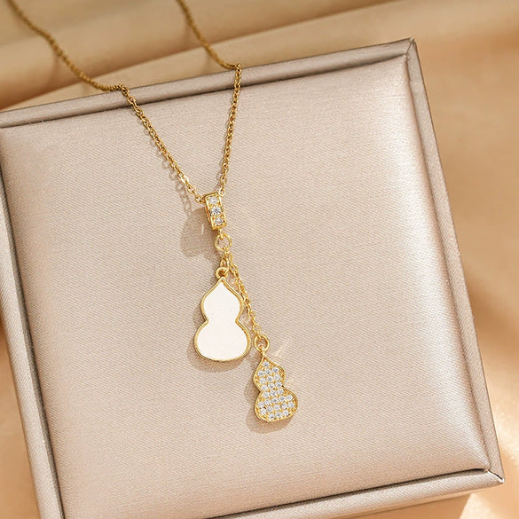 Wholesale Women's Fashion Titanium Steel Necklace With Copper Pendant And Real Gold Electroplated Tassel Gourd Design