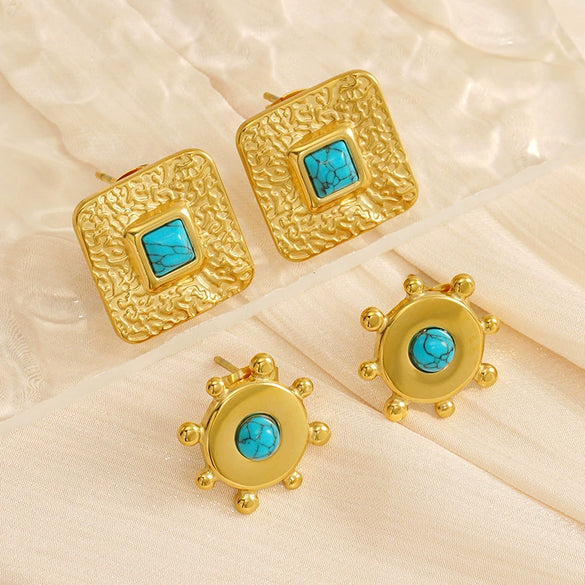 Wholesale Women's Fashion Vintage Light Luxury Style Titanium Steel Geometric Natural Stone Earrings With Electroplating
