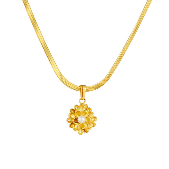 Wholesale Women's Fashion Vintage Simple Gold Plated Stainless Steel Chain Necklace With Lotus Pearl Pendant And Flower Pattern