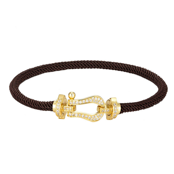 Wholesale Women's Fashion Woven Milan Rope Bracelet With Horseshoe Buckle And U Head Micro Inlaid Zircon Electroplated