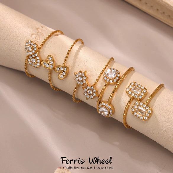 Wholesale Women's Fashionable And Versatile Geometric Heart Ferris Wheel Full Diamond Stainless Steel And Zircon 18K Gold Plated Index Finger Ring
