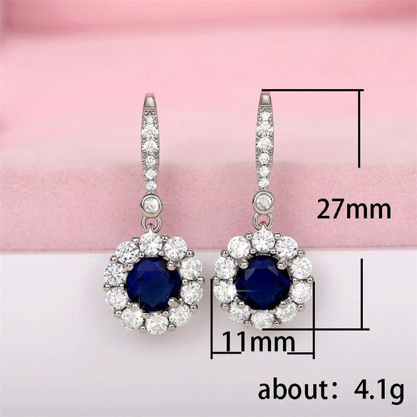 Wholesale Women's Fashionable Copper Long Earrings With Sapphire Blue Zircon And Flower Design