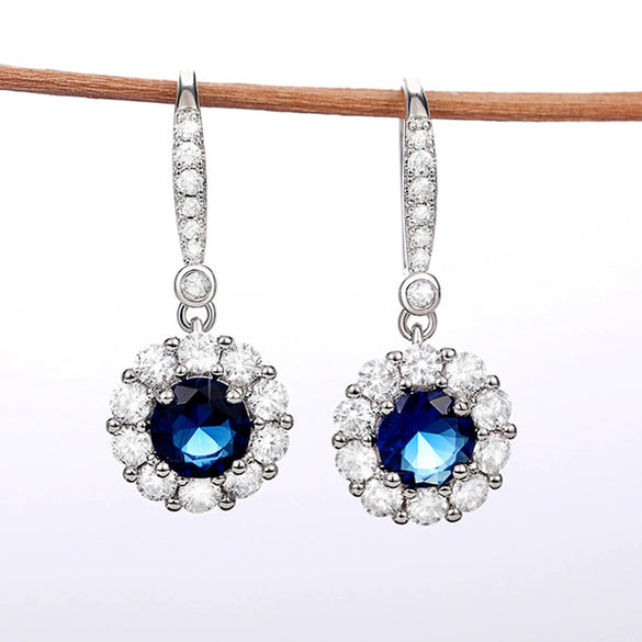 Wholesale Women's Fashionable Copper Long Earrings With Sapphire Blue Zircon And Flower Design