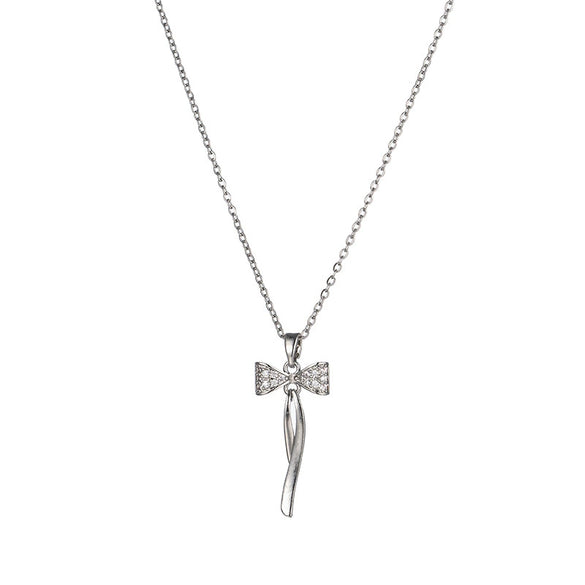 Wholesale Women's Fashionable Diamondset Bow Pendant Necklace In Titanium Steel And Copper With Cross Chain