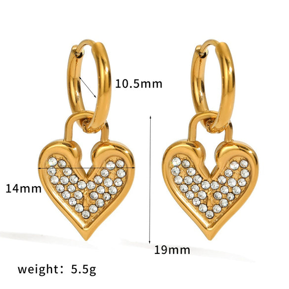Wholesale Women's Fashionable Elegant Diamondstudded Heartshaped Geometric Stainless Steel 18K Gold Vacuum Real Gold Plated Earrings