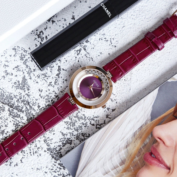 Wholesale Women's Fashionable Elegant Rhinestone Quartz Watch With Genuine Leather Strap And Alloy Case
