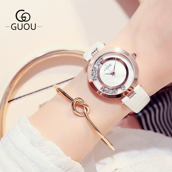 Wholesale Women's Fashionable Elegant Rhinestone Quartz Watch With Genuine Leather Strap And Alloy Case
