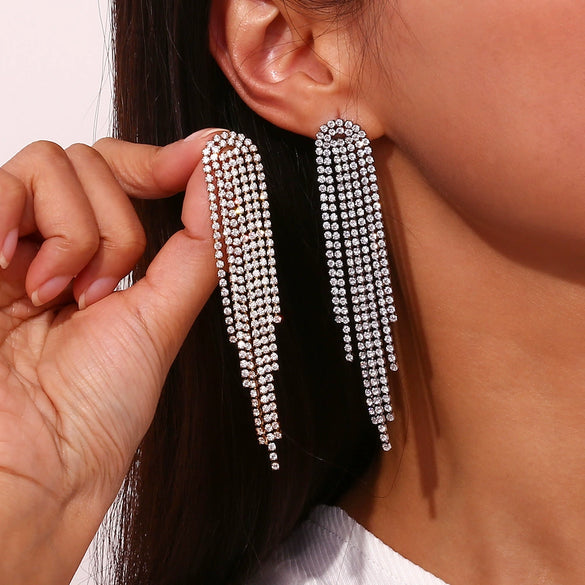 Wholesale Women's Fashionable Elegant Titanium Steel Electroplated 18K Gold Micropaved Zircon Tassel Geometric Earrings