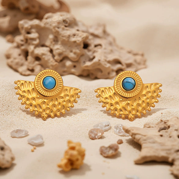 Wholesale Women's Fashionable Geometric Ferris Wheel Peacock Fanshaped Natural Blue Turquoise Stainless Steel 18K Gold Plated Earrings