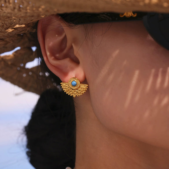 Wholesale Women's Fashionable Geometric Ferris Wheel Peacock Fanshaped Natural Blue Turquoise Stainless Steel 18K Gold Plated Earrings