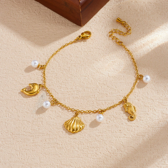 Wholesale Women's Fashionable Goldplated Stainless Steel Animal Zodiac Ocean Series Bracelet With Scallop And Seahorse Pendants