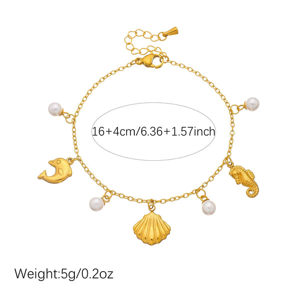 Wholesale Women's Fashionable Goldplated Stainless Steel Animal Zodiac Ocean Series Bracelet With Scallop And Seahorse Pendants