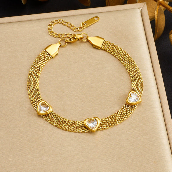 Wholesale Women's Fashionable Heartshaped Gold Plated Stainless Steel Jewelry Bracelet
