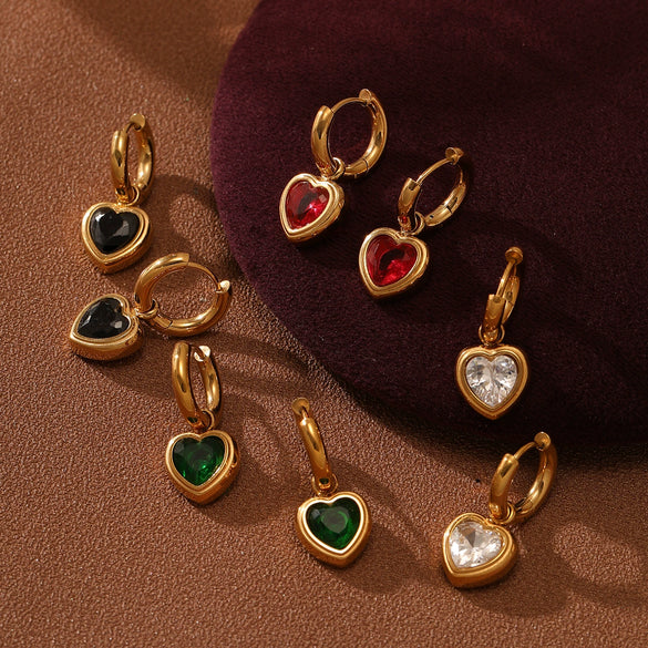 Wholesale Women's Fashionable Light Luxury Titanium Steel Earrings With Heart Shape And Inlaid Colored Diamond Electroplated
