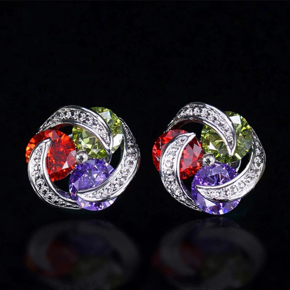 Wholesale Women's Fashionable Mix And Match Colorful Zircon Earrings Copper Geometric Flower Style With Diamond Treatment