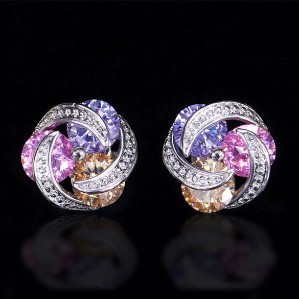 Wholesale Women's Fashionable Mix And Match Colorful Zircon Earrings Copper Geometric Flower Style With Diamond Treatment