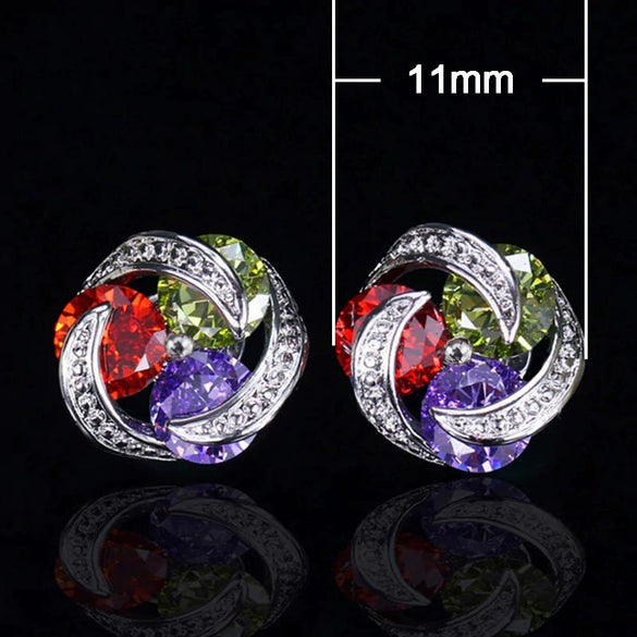 Wholesale Women's Fashionable Mix And Match Colorful Zircon Earrings Copper Geometric Flower Style With Diamond Treatment