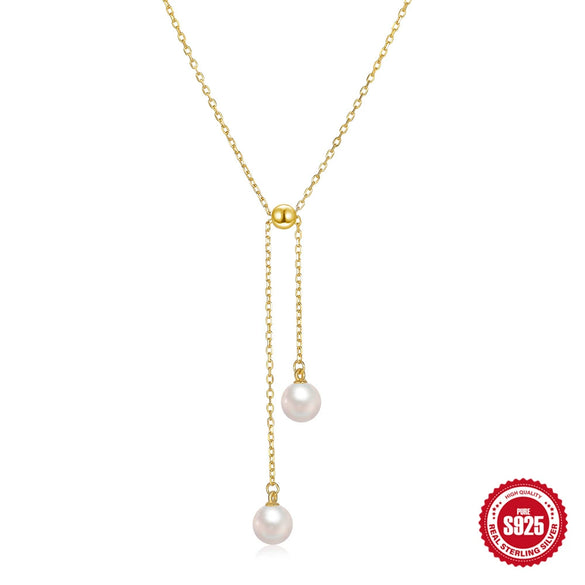 Wholesale Women's Fashionable Simple Classic Pearl Y Shaped Retractable Adjustable Pendant Necklace In 925 Sterling Silver With Geometric Pattern And Electroplating