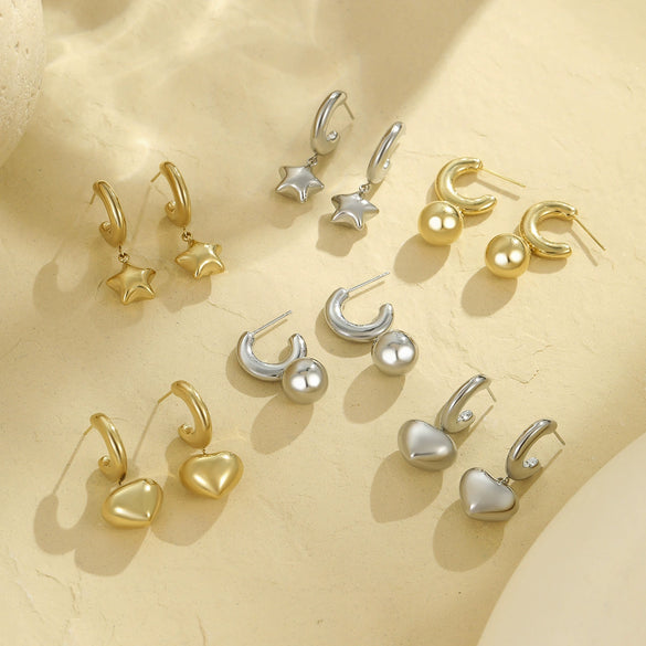 Wholesale Women's Fashionable Stainless Steel Heart And Star Shape Electroplated Earrings
