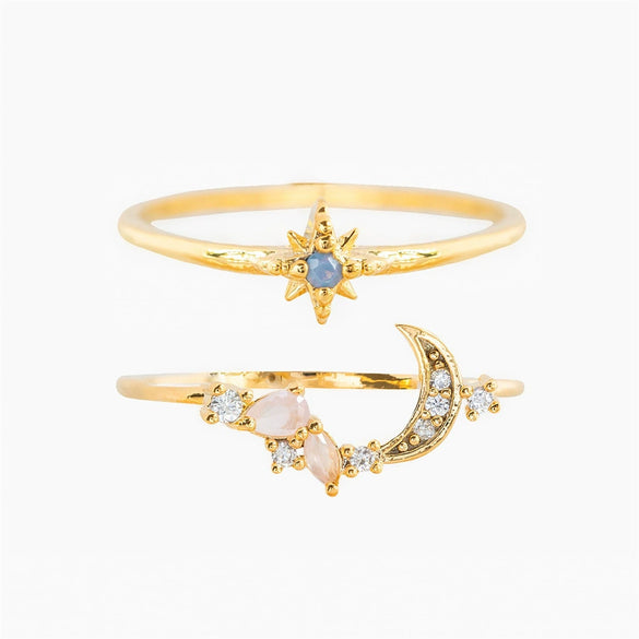 Wholesale Women's Fashionable Star And Moon Combination Brass Ring With Micropaved Zircon And Electroplating