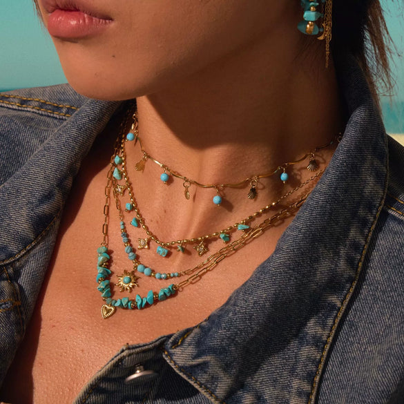 Wholesale Women's Fashionable Turquoise Necklace With Heart Rhombus Geometric Shapes Stainless Steel Electroplated
