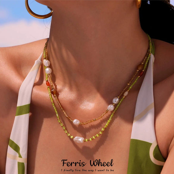Wholesale Women's Ferris Wheel Retro Stacked Necklace With Natural Stone Cat's Eye Shell Imitation Pearl Geometric Stainless Steel Pendant Electroplated